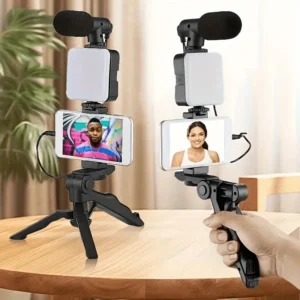 Smartphone Vlogging Kit Tripod Phone Holder Mini Microphone LED Fill Light Stabilizer Stand for YouTube Live Stream Short Video
